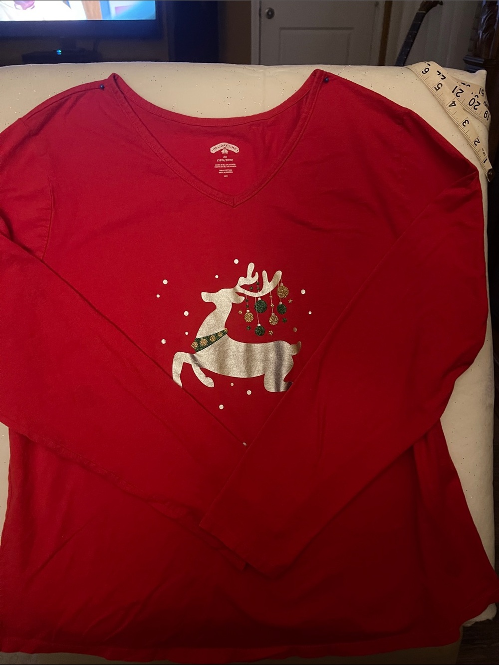 Holiday Time Red V-Neck Cotton Shirt. Comfortable, cheerful for the holidays !